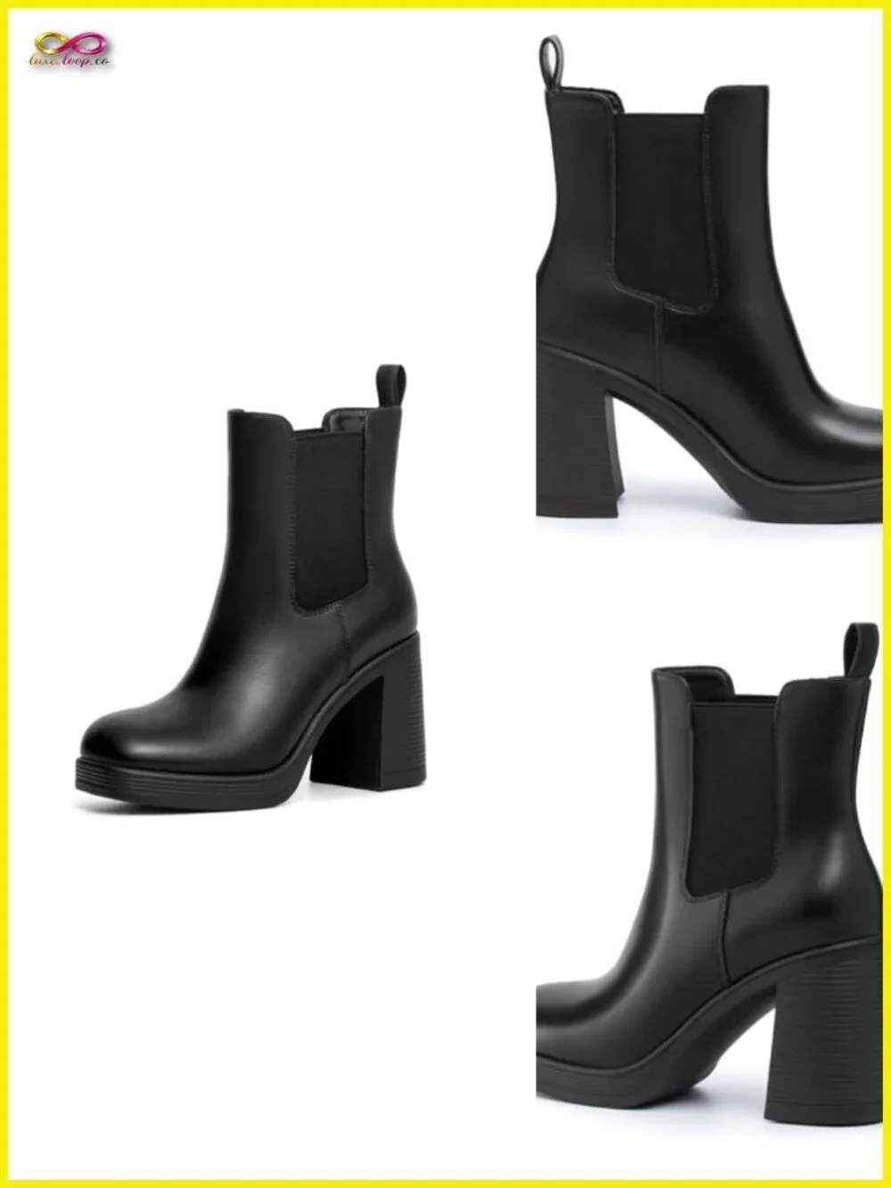 Women's Chelsea Platform Boots Chunky Heel Square Toe Slip On Elastic Ankle
